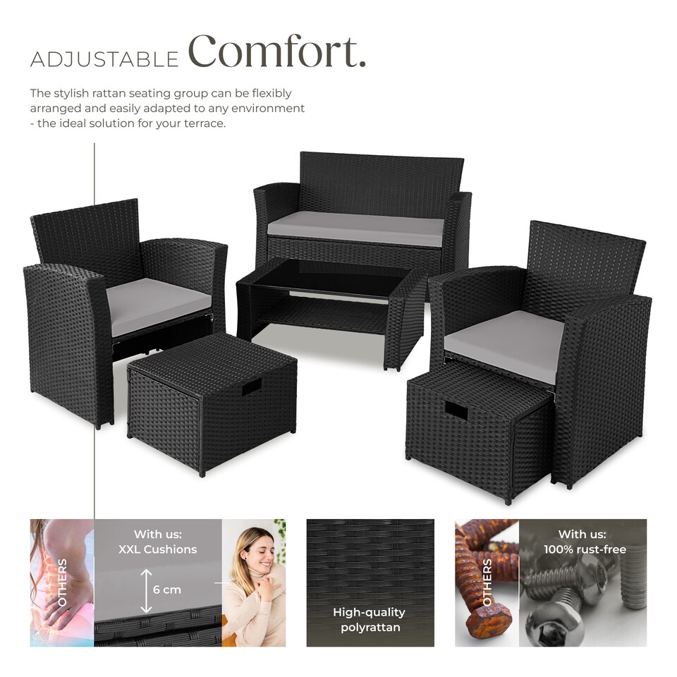 image 1 of Garden Furniture Set Modena- sofa with storage, armchairs, stools, coffee table | Black | black/grey | 129 x 68,50 x 75 cm | 1
