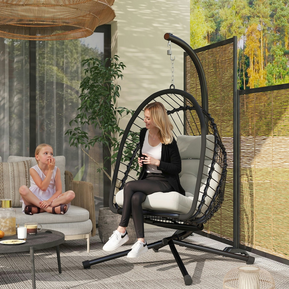 image 1 of Outsunny PE Hanging Swing Chair w/ Thick Cushion, Patio Hanging Chair, Grey