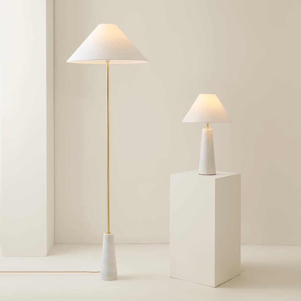image 1 of ValueLights Margot White Marble Bedside Table Lamp Linen Taper Shade & Bulb | White