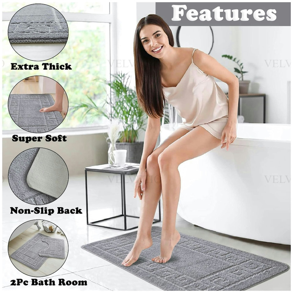 image 1 of VELVETIO Greek Bath Mat & Pedestal Mat Water Absorbent Non Slip Toilet Rugs Yellow | Lemon