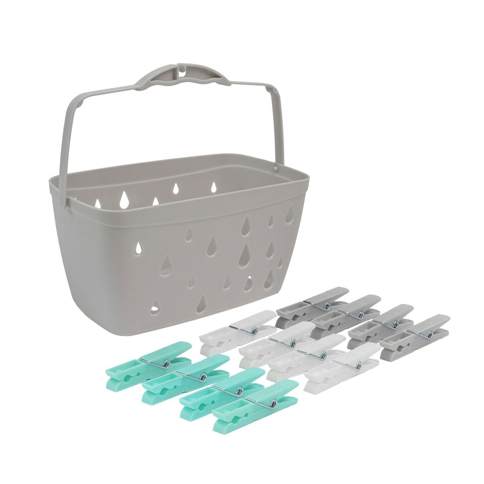 image 1 of JVL Plastic Peg Basket, Grey with 100 Strong Hold Plastic Pegs, Aqua