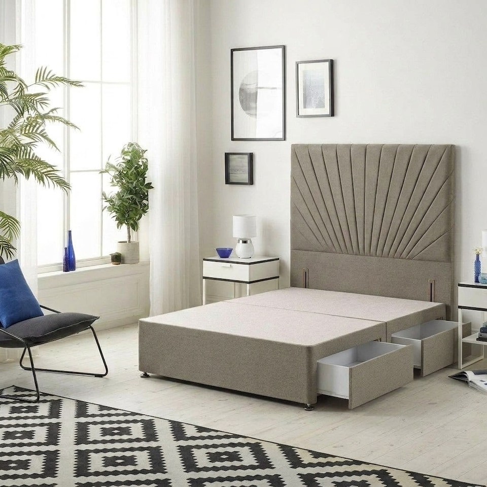 image 1 of Sunburst Divan Bed with 2 Drawers & 54'' Floor Standing Headboard Tweed Fabric | Brown | Coffee