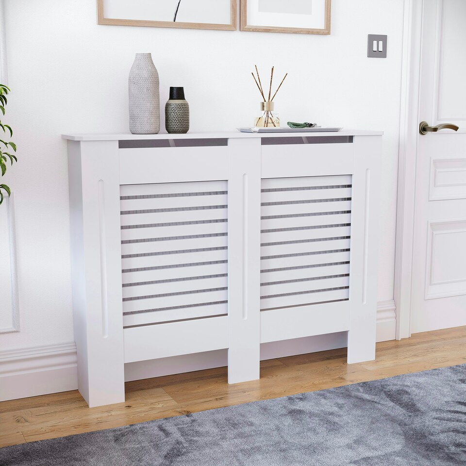 image 1 of Vida Designs Milton Radiator Cover Painted MDF Slatted Cabinet, White, 111cm