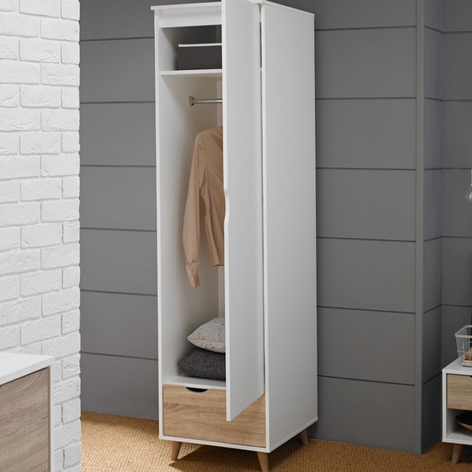 image 1 of Stockholm 1 Door Wardrobe - Particle Board - L58 x W50 x H190 cm - Oak/White White