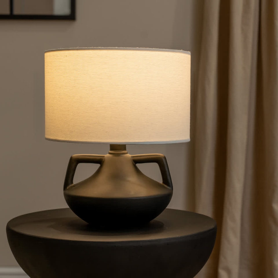 image 1 of ValueLights Zoe Linen Drum Lamp Shade Matte Black Ceramic Vase Table Lamp | Black