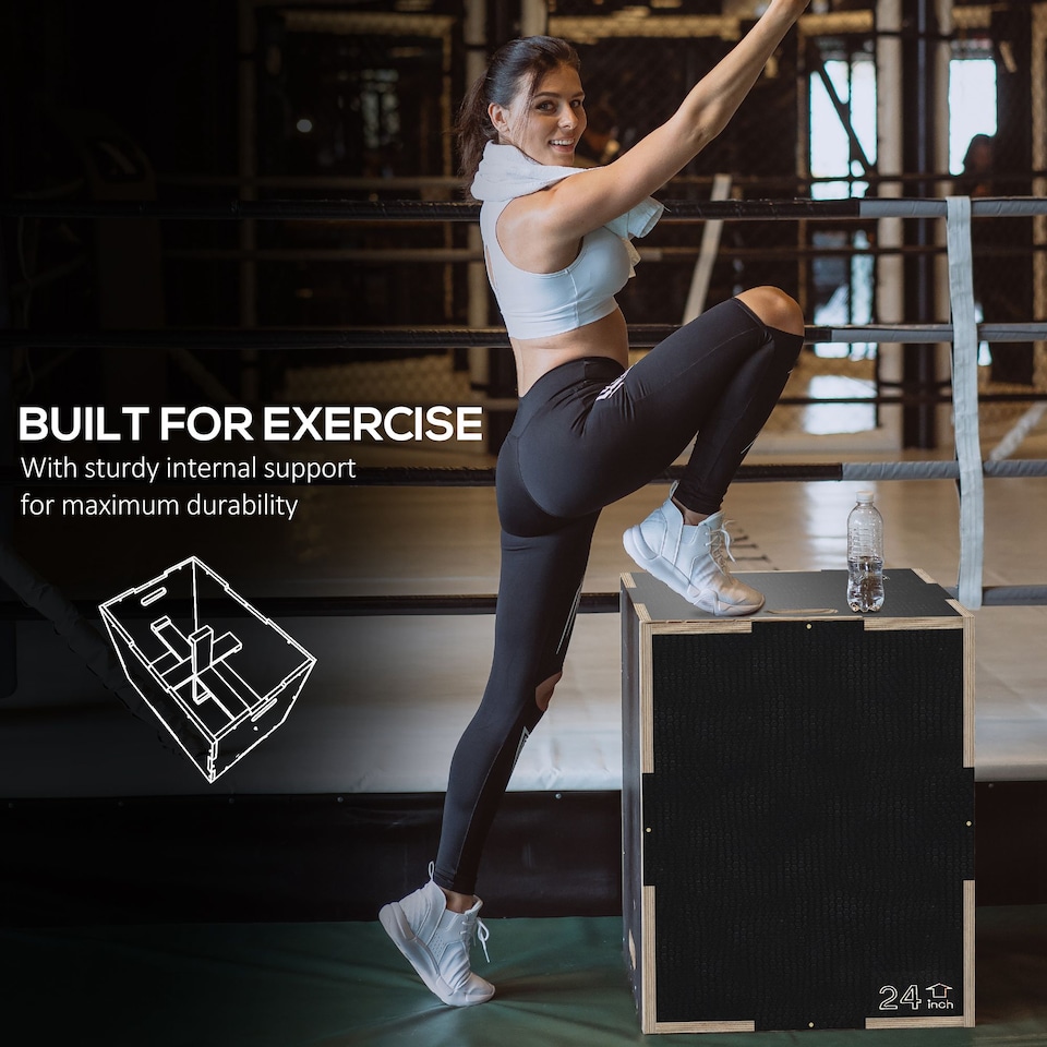 image 1 of SPORTNOW 41/51/61cm Pylometric Jump Box, Wooden Pylo Box for Home Gym | Black