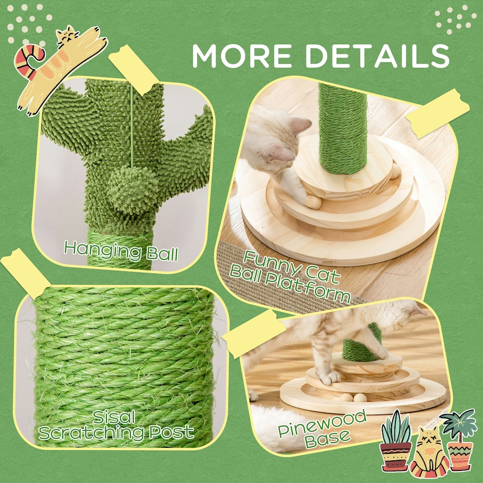 image 1 of PawHut Cactus Cat Tree, 60cm Sisal Scratching Post for Indoor Cats, Green