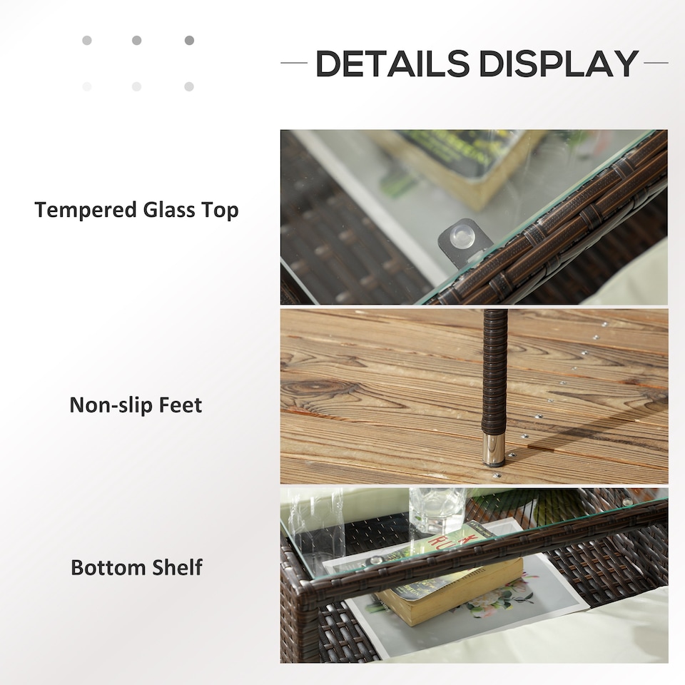 image 1 of Outsunny 2 Seat Rattan Garden Bench, Patio Wicker Chair with Glass Tea Table, Outdoor Love Seat with Padded Cushions, for Garden, Porch, Brown/Cream White | Brown