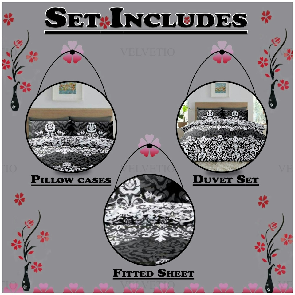 image 1 of VELVETIO Casablanca Damask Complete Duvet Cover Set with Fitted Sheet Soft Printed Bedding Bedset Black | Double