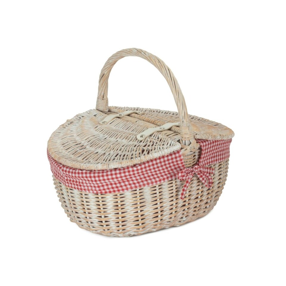 image 1 of White Wash Finish Oval Wicker Basket with Lining Blue | Blue | One Size