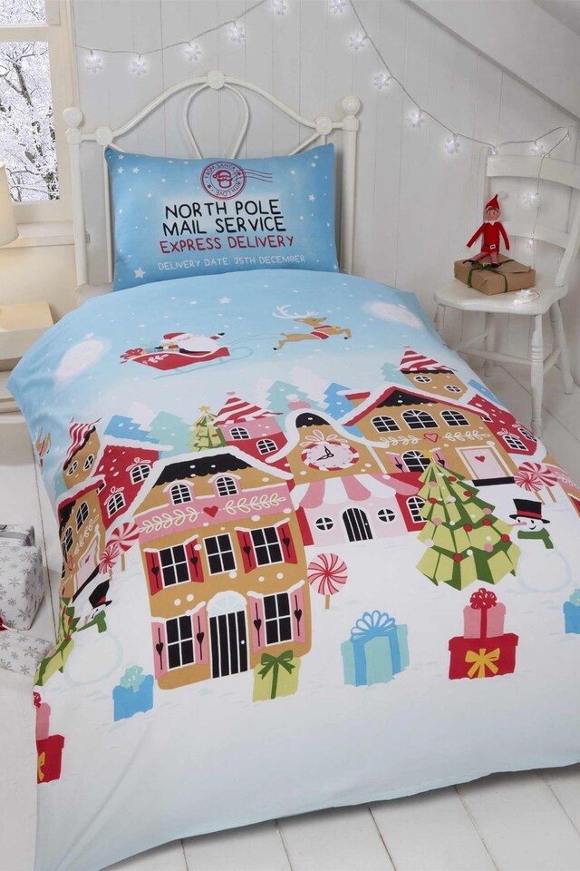 image 1 of Gingerbread Town Single Duvet Cover Set | Blue | Blue | 1