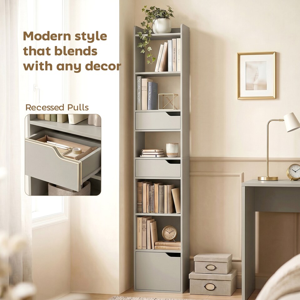image 1 of HOMCOM Bookcase Tall Narrow with 5 Tiers Drawers