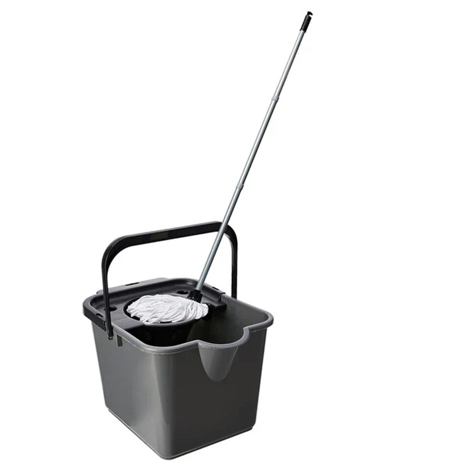 image 1 of 2 x Metallic 12 Litre Cotton Mop & Bucket Hard Floor Cleaning Set With Wringer & Pouring Lip