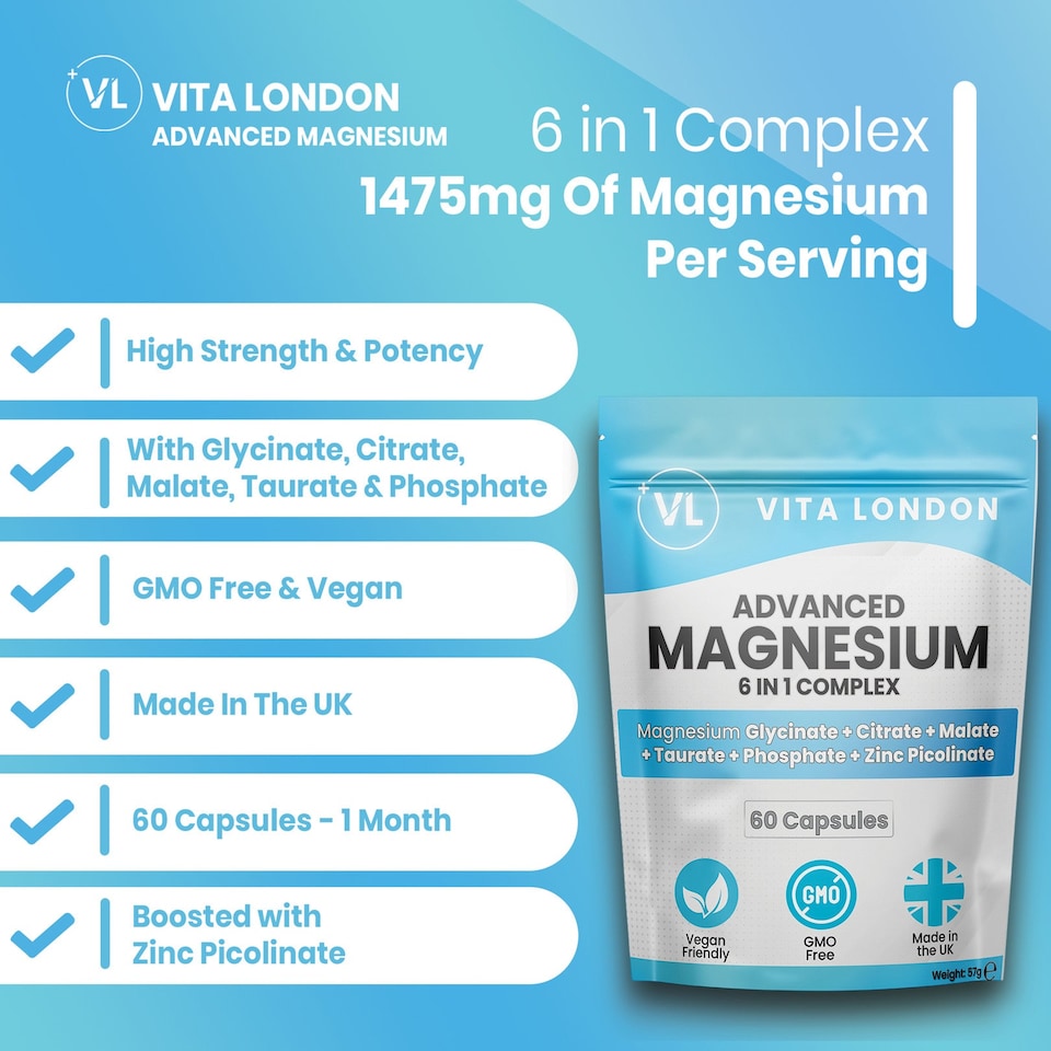 image 1 of Advanced Magnesium 6 in 1 - With Glycinate, Bisglycinate, Citrate, Malate, Zinc - 1500mg - 60 Capsules