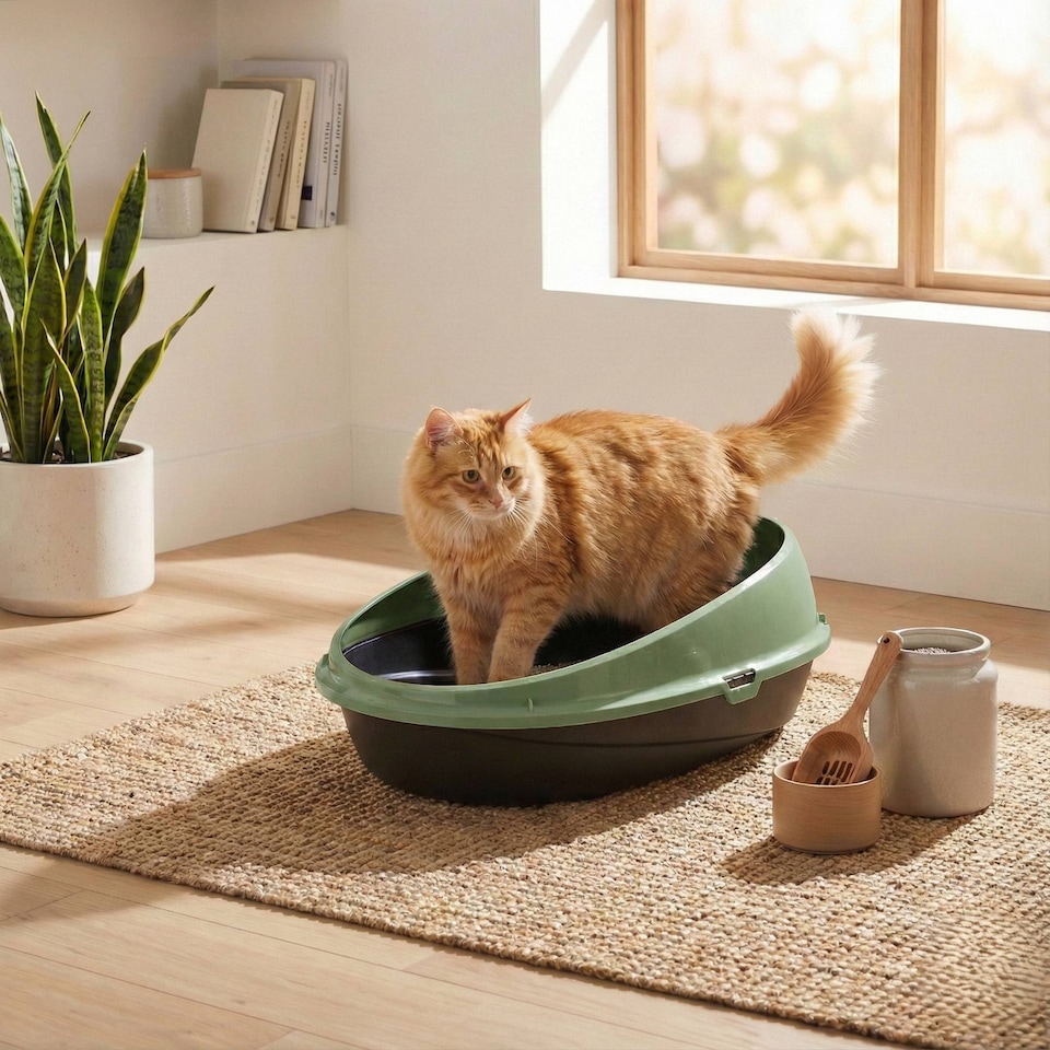 image 1 of Oval Cat Litter Tray Box with Rim | Green | 1