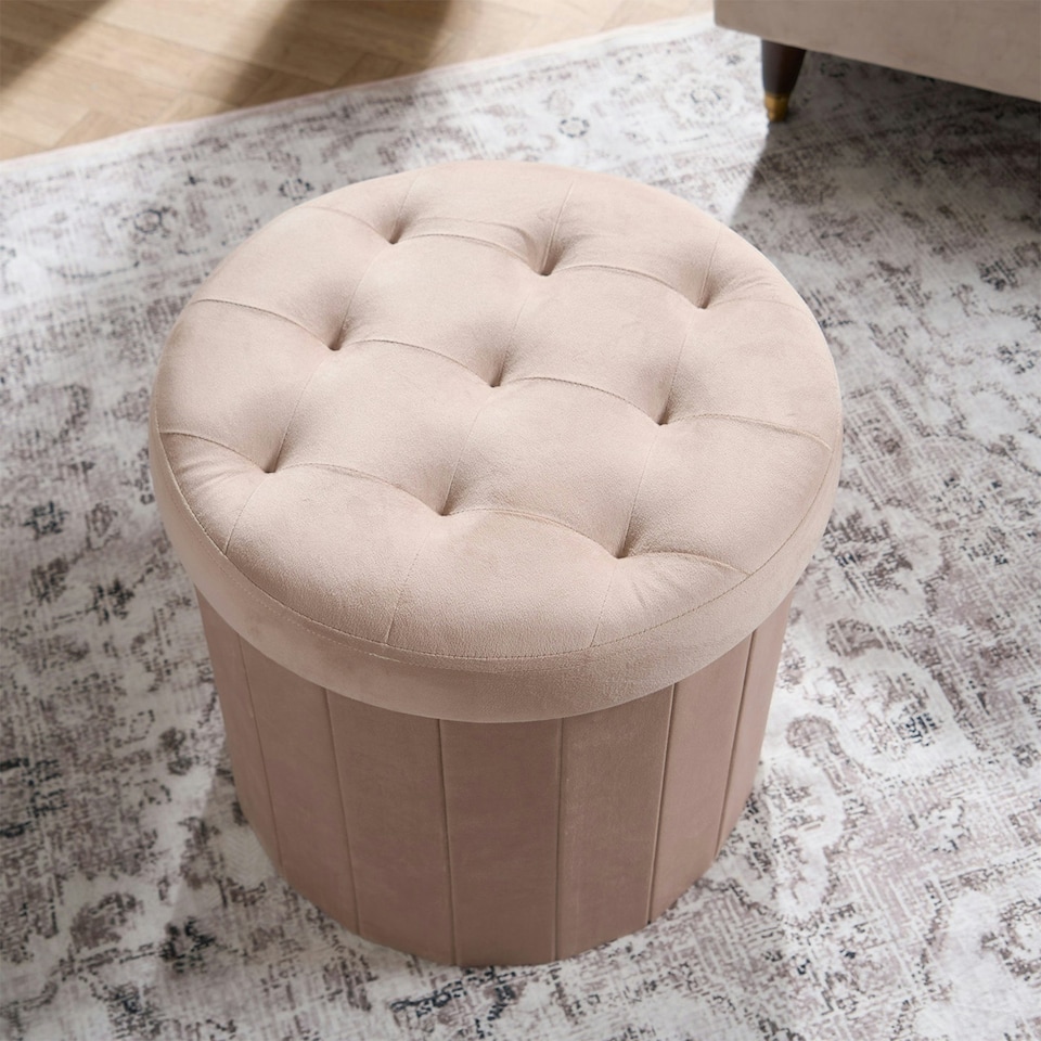 image 1 of OHS Matte Velvet Soft Round Foldable Footstool Seat Storage Organiser Ottoman | Cream | Natural