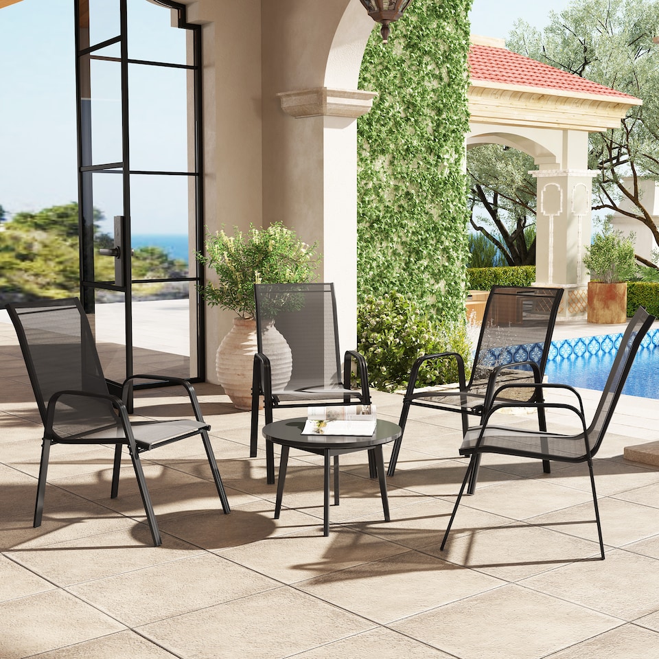 image 1 of Outsunny 4 Pieces Garden Chairs, Stackable Outdoor Chairs with High Backrest and Armrest, Breathable Mesh Fabric Dining Chair Set of 4, Black