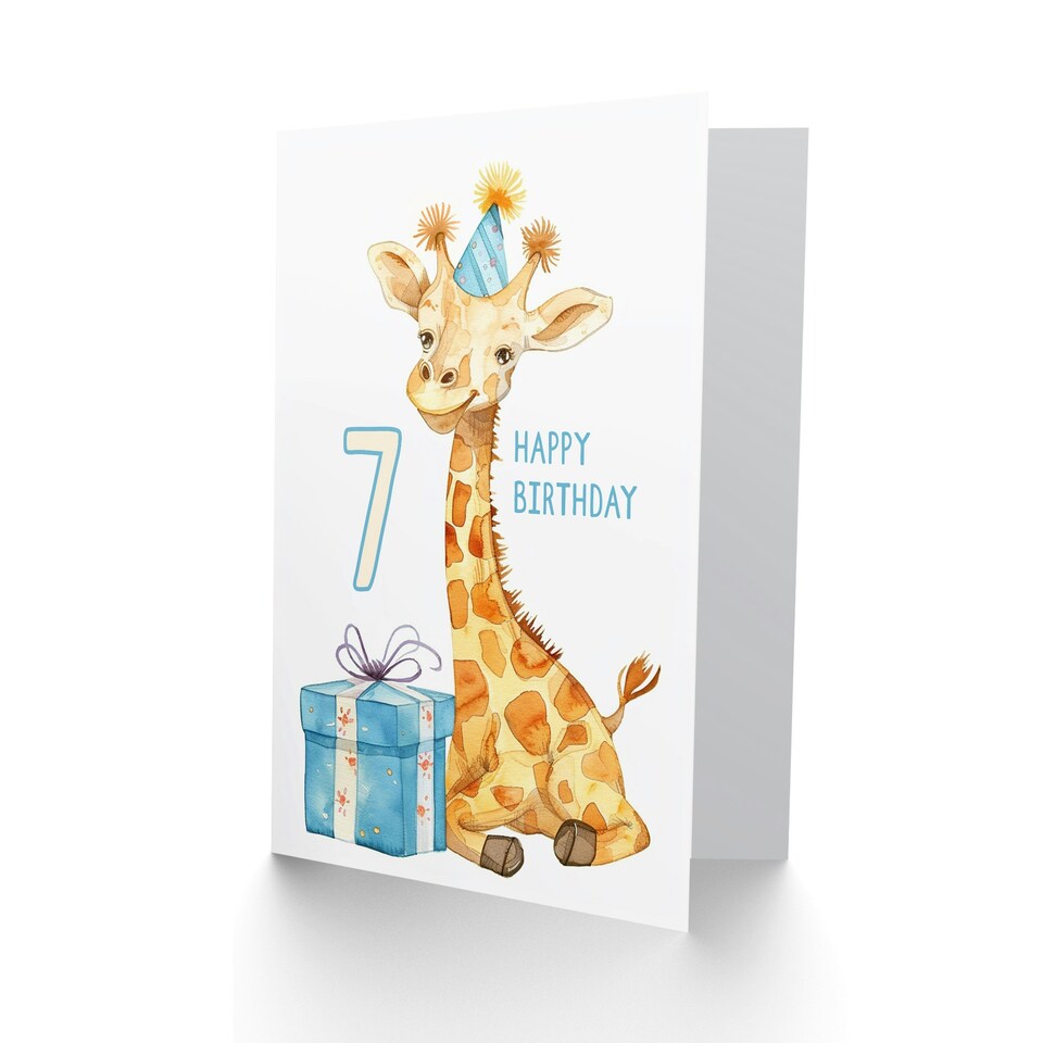 image 1 of Cute Party Hat Cartoon Fun Age 7 Year Old Child Kids 7th Birthday Card