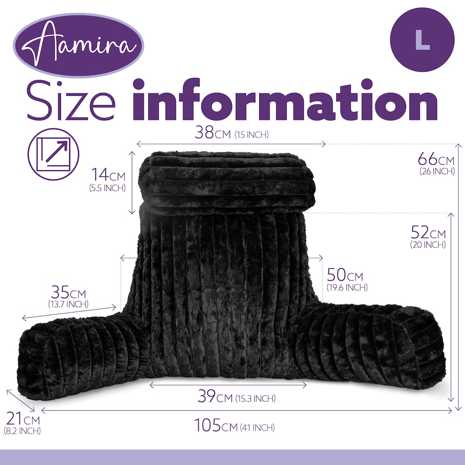image 1 of Aamira Reading Pillow Black Faux Fur Ribbed Memory Foam Support Cushion | Black | Black | Standard | 1