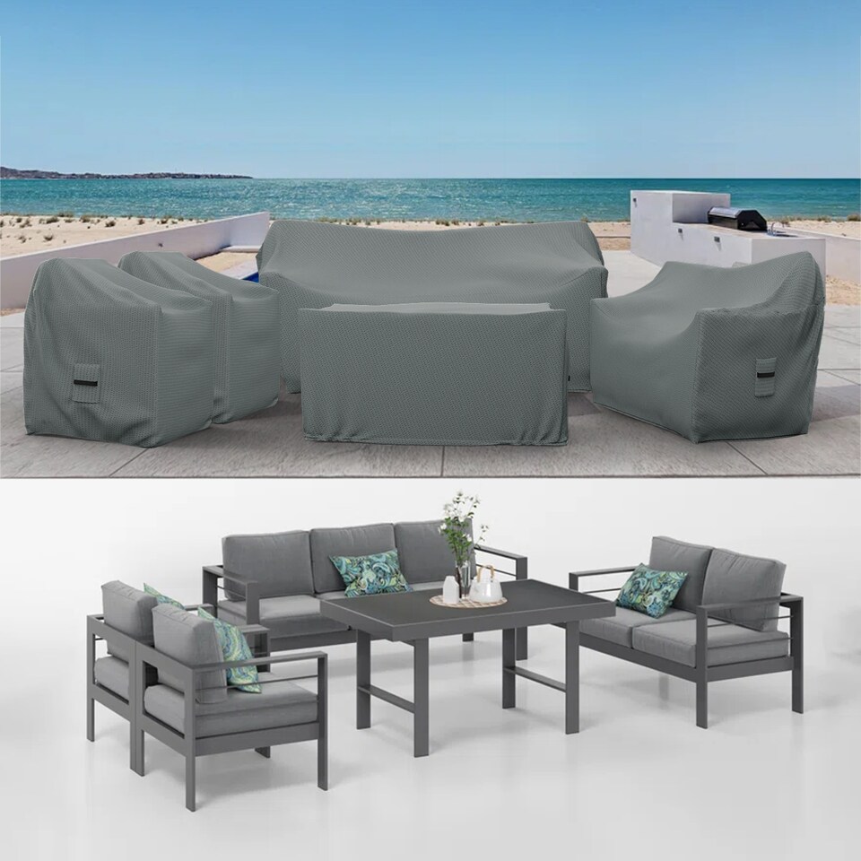 image 1 of Covers&All Patio Furniture Conversation Set Cover, 5 Piece Outdoor Furniture Covers, 1 Sofa Cover, 73 in W x 26 in D x 32 in H, Charcoal Gray