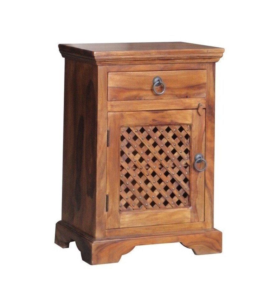 image 1 of Ganga Latic Jali Bedside with Left Side Door - Sheesham Wood - L31 x W45 x H65 cm - Honey Dark Finish