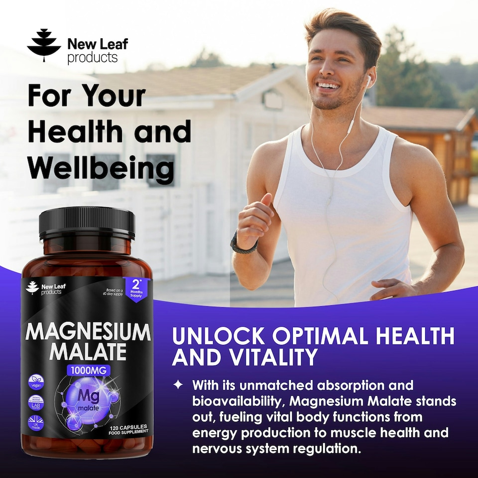 image 1 of Magnesium Malate Capsules - Bones & Joints, Sleep & Relaxation Support - Vegan 120 Capsules