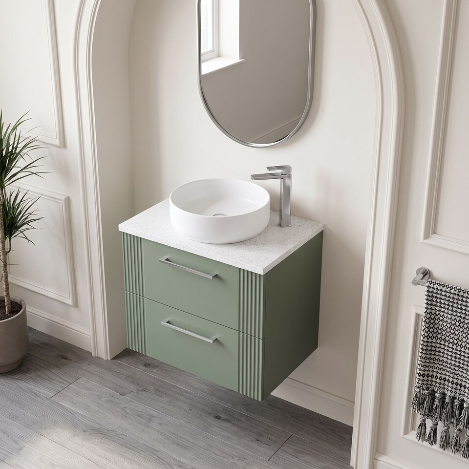 image 1 of Balterley Partial Fluted 2 Drawer Wall Hung Vanity Unit with Sparkling Laminate Worktop | Green | Satin Green