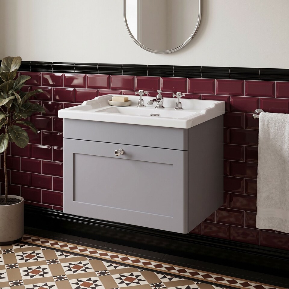 image 1 of Balterley Swynnerton Traditional 1 Drawer Wall Hung Vanity Unit with Basin, Satin Grey, 600mm