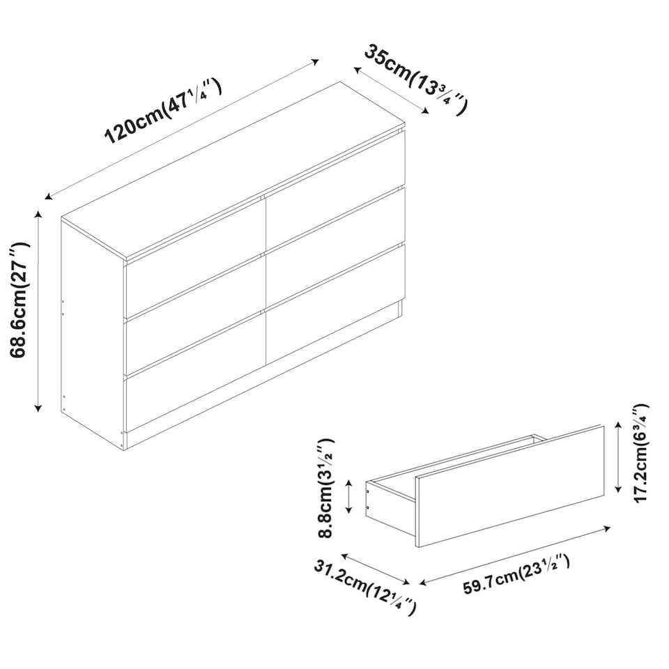 image 1 of Minimalist Chest of 6 Drawers - 68.6x120x35cm | Brown | Oak & White | 1
