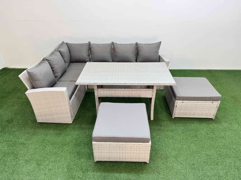 image 1 of Fimous 8 Seater Rattan Garden Furniture Set Outdoor Patio Dining Corner Sofa Sets with Dining Table 2 Big Footstools Light Grey Mixed