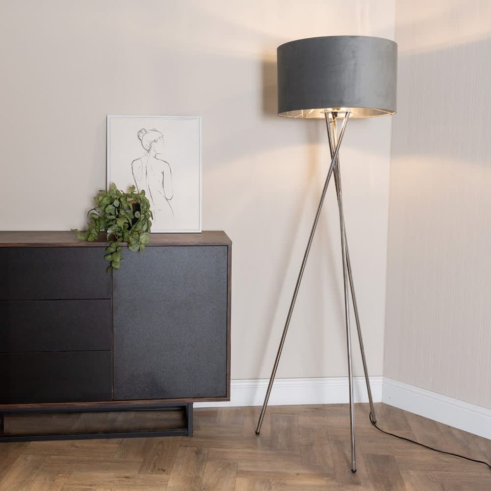 image 1 of ValueLights Camden Chrome Tripod Floor Lamp Grey Velvet Shade & Bulb | Grey
