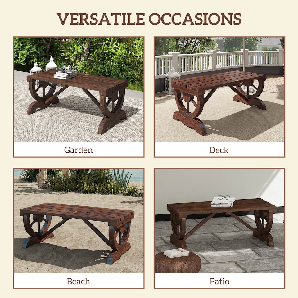 image 1 of Outsunny Wooden Wheel Bench Rustic Outdoor Patio Garden Seat 2-Person Brown | Brown