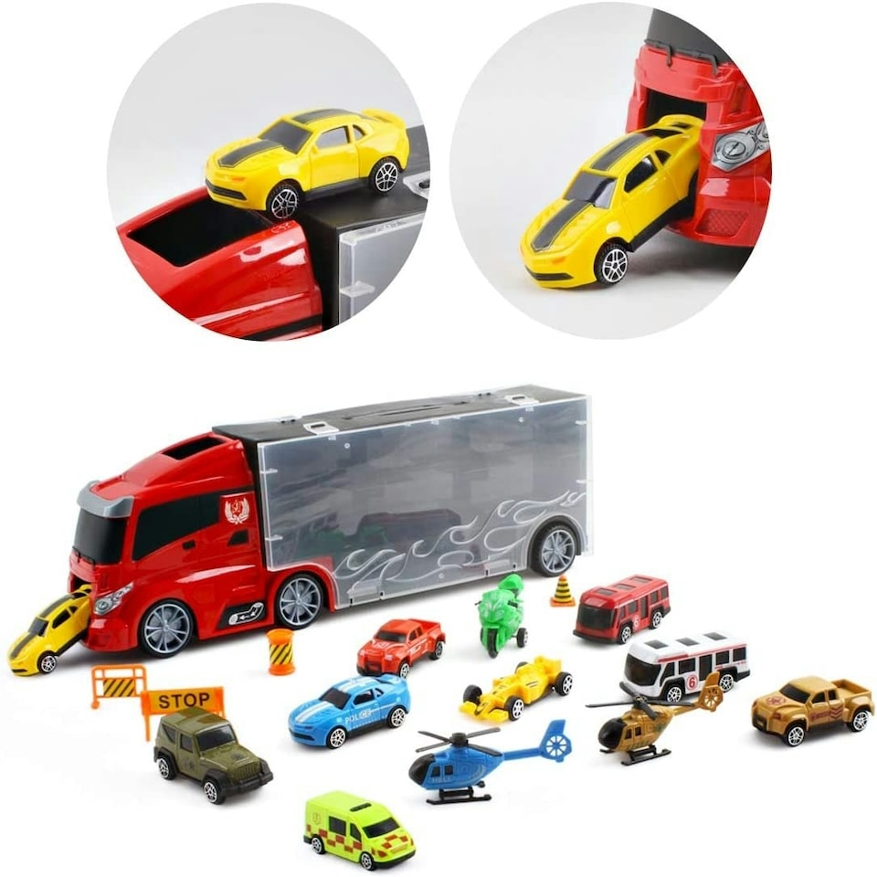 image 1 of Transporter Truck Carrycase Play Set with 12 Vehicles, Accessories & Play Map – Portable Toy for Kids