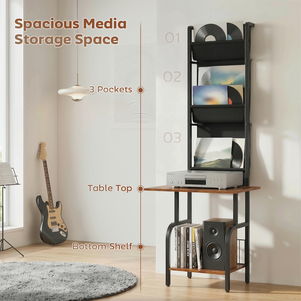 image 1 of HOMCOM Vinyl Record Player Stand with Oxford Pockets Rustic Brown and Black | Brown | Rustic Brown and Black | 50 x 48.5 x 144 cm