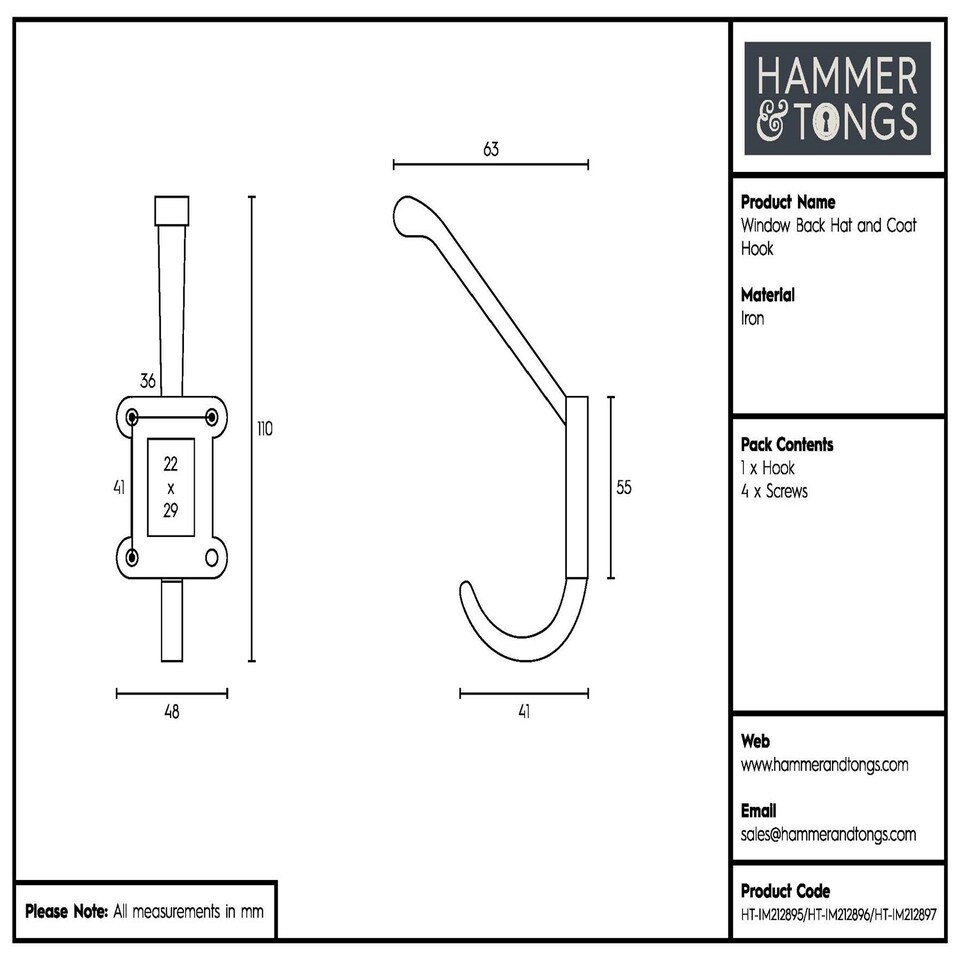 image 1 of Hammer & Tongs Window Back Hat & Coat Hook - W50mm x H110mm - Brass