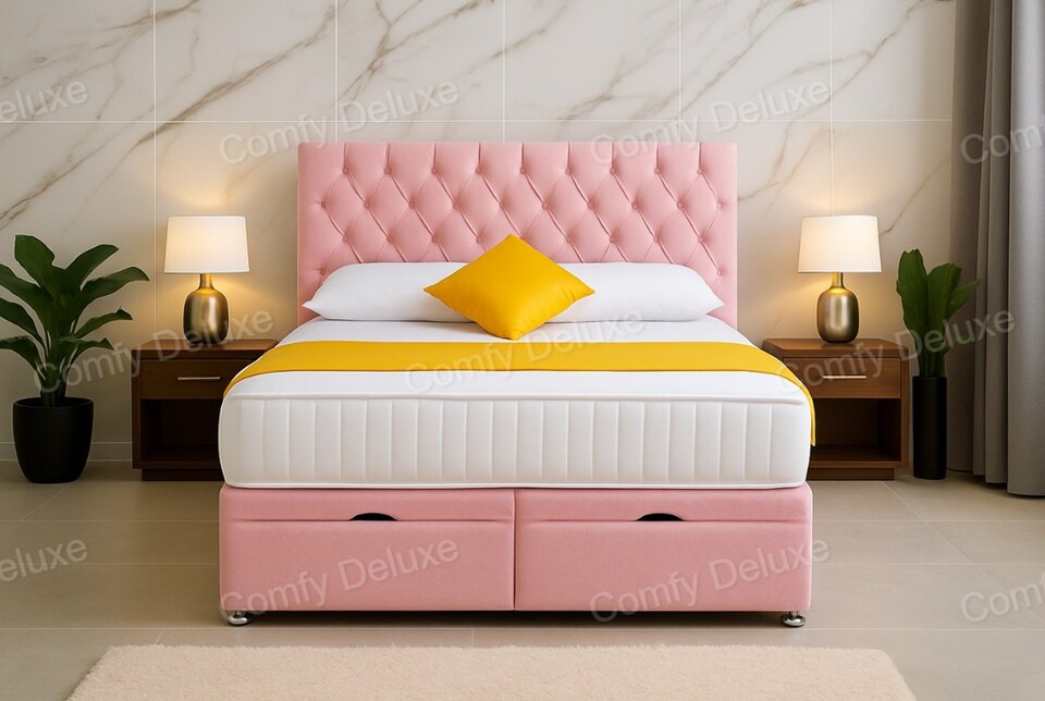 image 1 of Ottoman Bed Pink Plush Chesterfield 4ft6 Double Bed Set with Headboard and Mattress