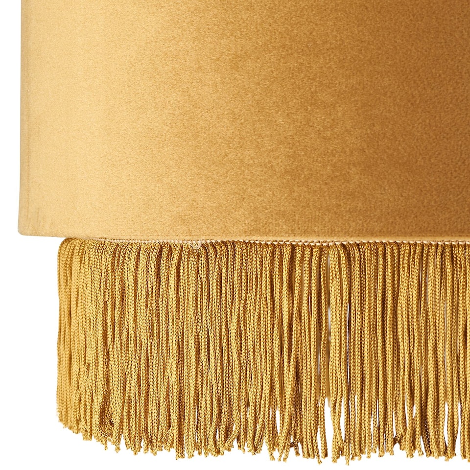 image 1 of Modern Ochre Mustard Drum 14" Pendant Shade with Tassels and Embroidered Trim | Yellow | Ochre | 1