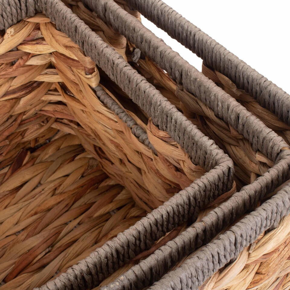 image 1 of Set of 3 Water Hyacinth With Grey Rope Border Rectangular Storage Basket | Brown | Brown | Not provided