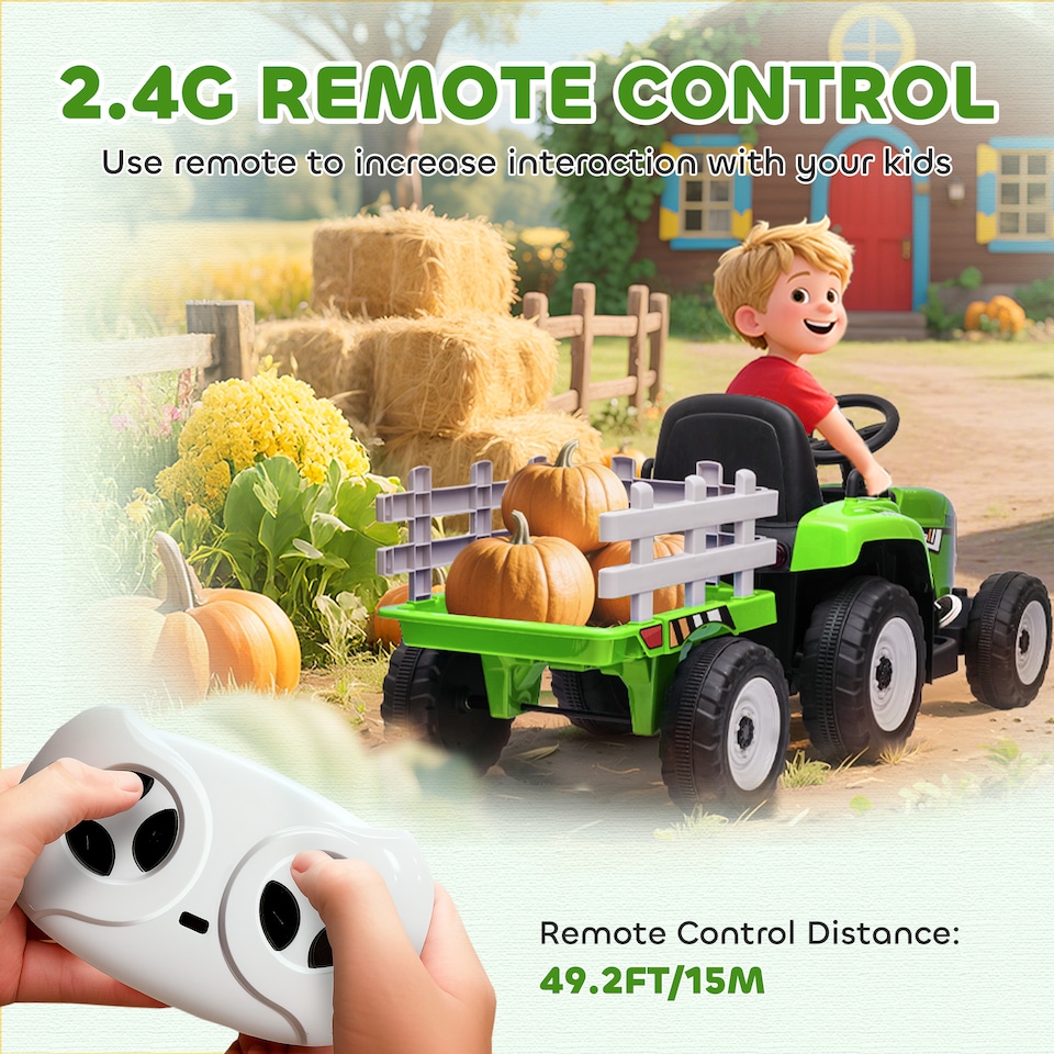 image 1 of HOMCOM Ride On Tractor with Detachable Trailer, Remote Control, Music - Green