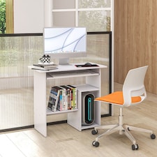 HOMCOM Compact Small Computer Table Wooden Desk Keyboard Tray Storage Shelf Modern Corner Table Home Office White
