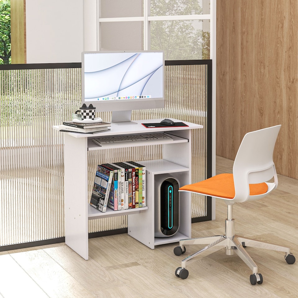 image 1 of HOMCOM Compact Small Computer Table Wooden Desk Keyboard Tray Storage Shelf Modern Corner Table Home Office White