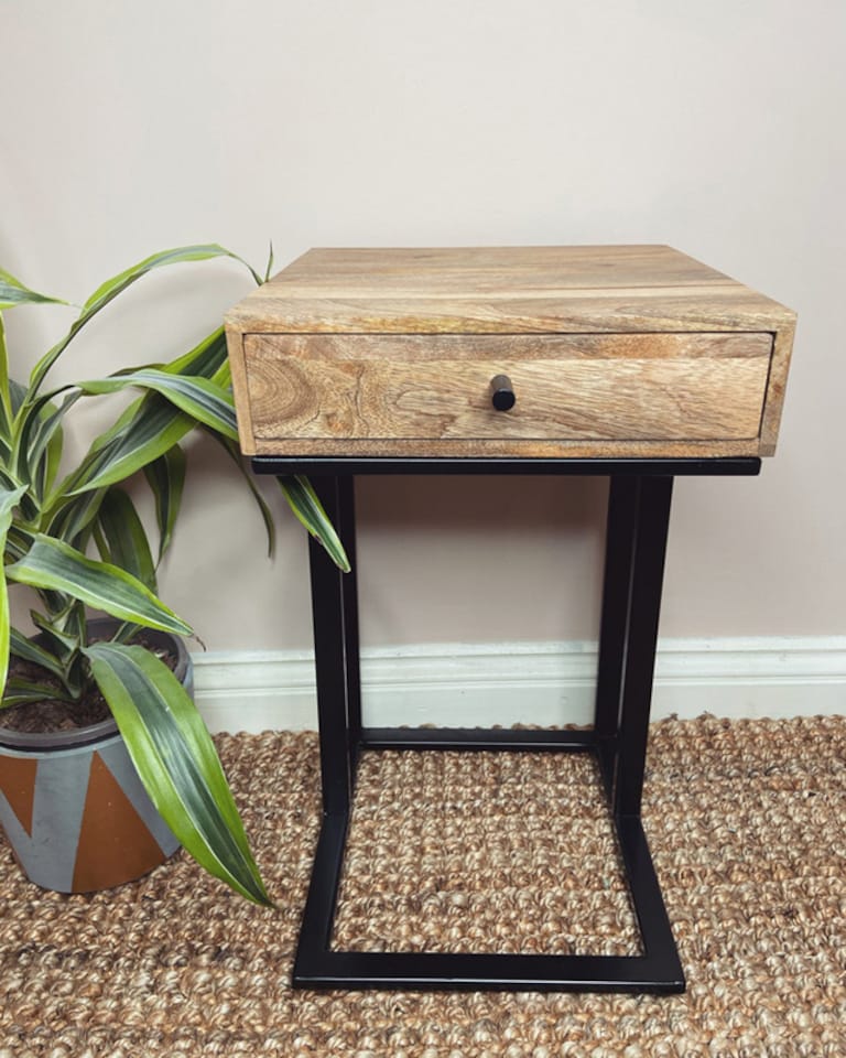 image 1 of Ravi Iron Base 1 Drawer Small Side Table - Mango Wood - L30 x W30 x H50 cm - Mango Light Finish
