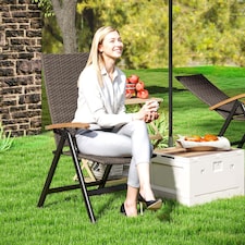 Outsunny Folding Garden Chair, 5-level Reclining PE Rattan Garden Dining Chair with Wood Armrests, High Back and Steel Frame for Outdoor, Patio, Terrace, Porch, Brown | Brown | Brown