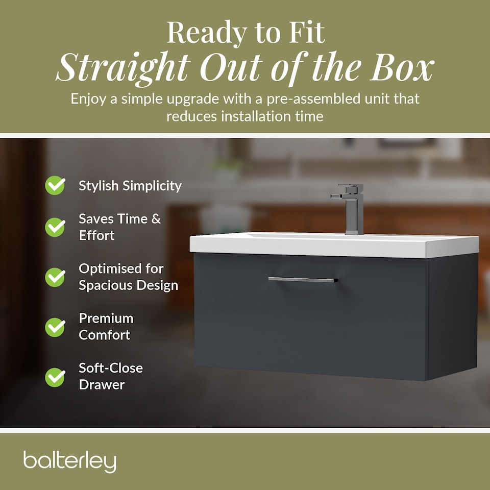 image 1 of 800mm Wall Hung 1 Drawer Vanity Basin Unit, Dark Grey, Pewter Handle | Grey | Soft Black | 399 x 810 x 390mm