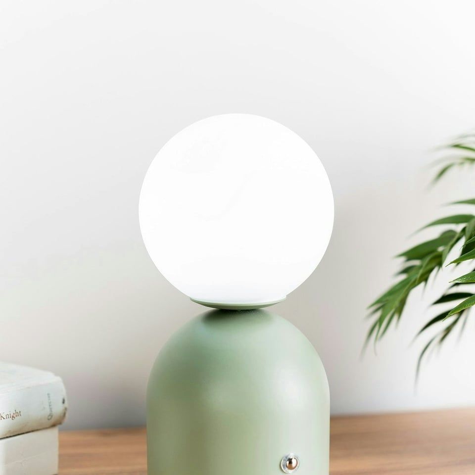 image 1 of ValueLights Marlow Dimmable Painted Green Table Lamp with White Globe Shade and Integrated LED 2W White Mix 3000K Bulb