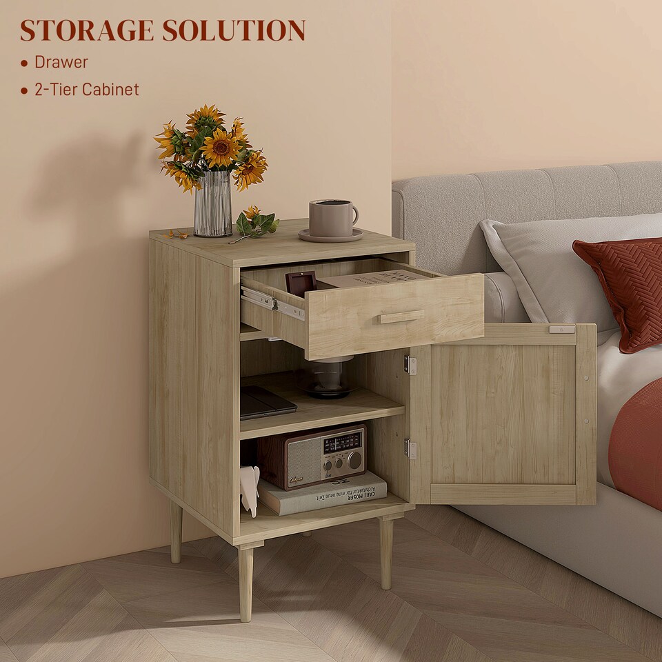 image 1 of HOMCOM Bedside Table with Rattan Drawer, Cabinet and Adjustable Shelf, Natural