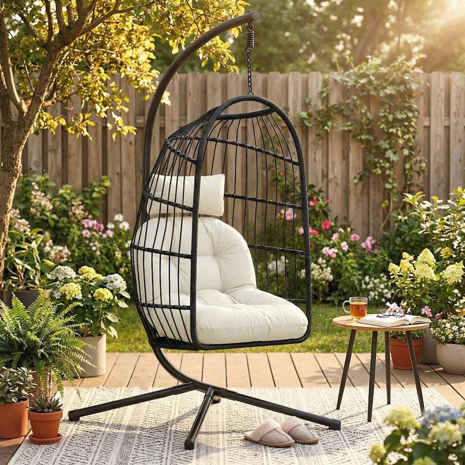 image 1 of Outsunny Hanging Egg Chair, Outdoor Swing Chair with Stand, Black/Cream | Black | Black/Cream White | One Size