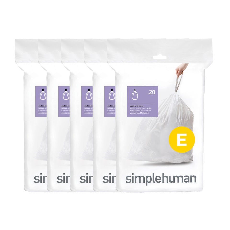 image 1 of Simplehuman 20L Code E Bin Liners, 50% Recycled Custom Fit Bin Bags, Pack of 100 | White | Code E | Code E | 5