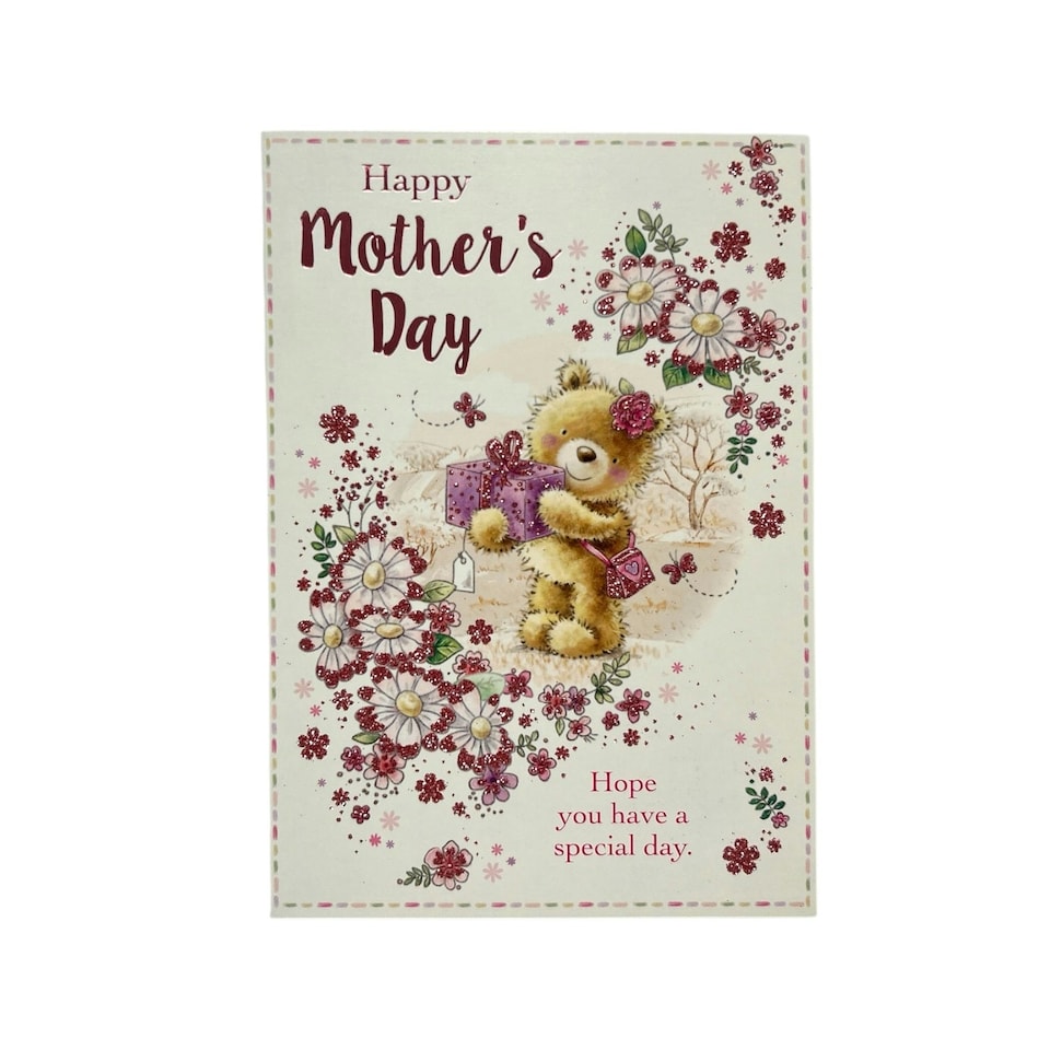image 1 of Teddy Wearing Flower and Holding Gift Mother's Day Card