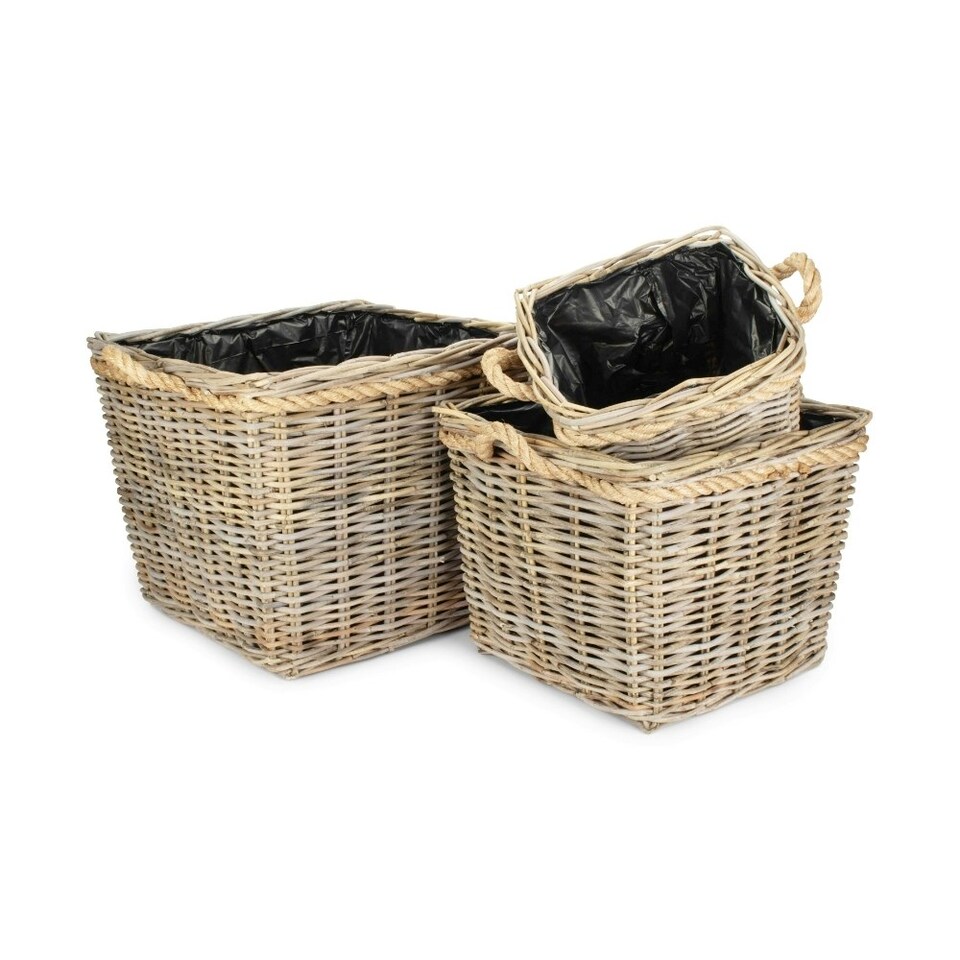 image 1 of Set of 3 Square Tapered Rope Handled Rattan Planter With Plastic Lining